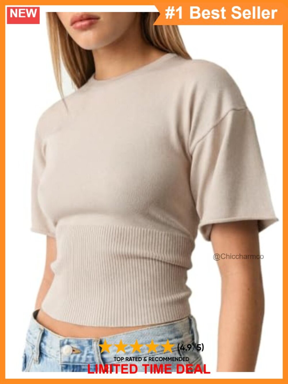 Womens Short Sleeve Ribbed Knit Sweater Crew Neck Cinched Waist Fitted Pullover - Picture 3 of 5
